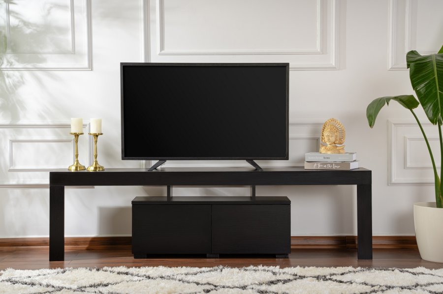 NORDVRK Enklave TV-bord, m. 2 drer og 3 pne rom - svart tremelamin (180x31,3)