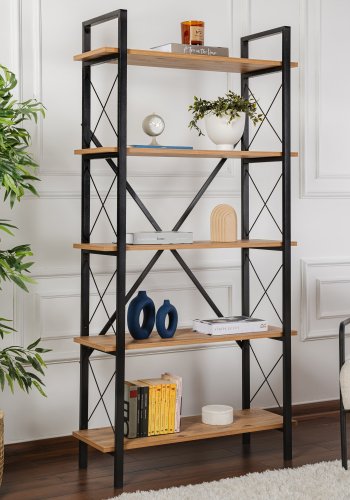 NORDVRK Elysian bokhylle, med 5 hyller - Atlantic Pine melamin og svart metall