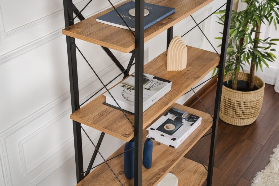 NORDVRK Elysian bokhylle, med 5 hyller - Atlantic Pine melamin og svart metall