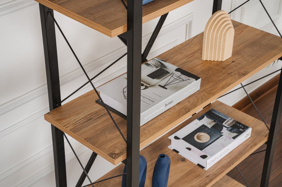 NORDVRK Elysian bokhylle, med 5 hyller - Atlantic Pine melamin og svart metall