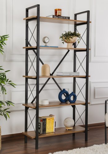 NORDVRK Elysian bokhylle, med 5 hyller - valnttfarget melamin og svart metall