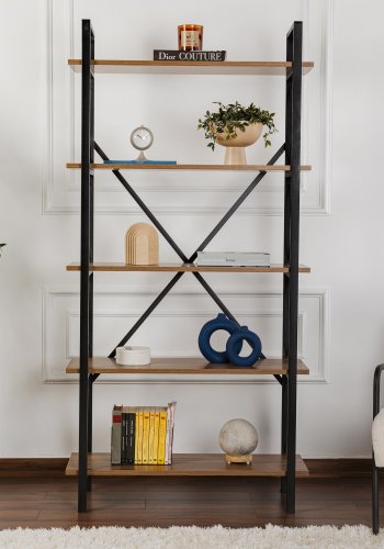 NORDVRK Elysian bokhylle, med 5 hyller - valnttfarget melamin og svart metall