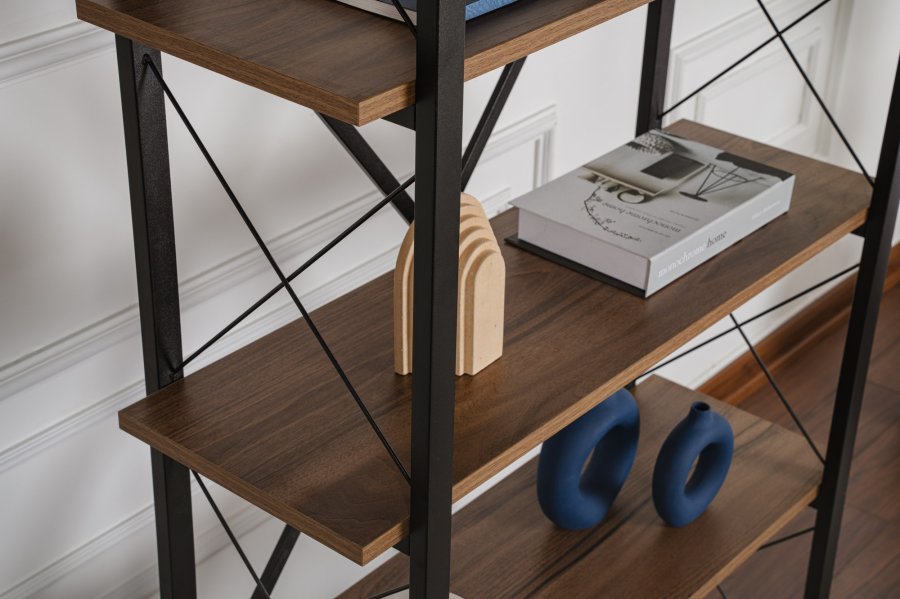 NORDVRK Elysian bokhylle, med 5 hyller - valnttfarget melamin og svart metall