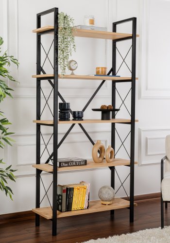 NORDVRK Elysian bokhylle, med 5 hyller - eikefarget melamin og svart metall