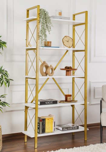 NORDVRK Elysian bokhylle, med 5 hyller - hvit melamin og gullfarget metall