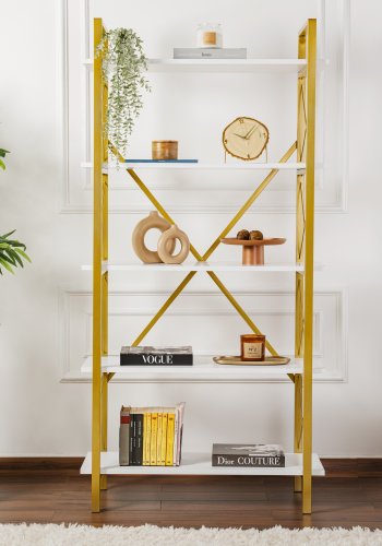 NORDVRK Elysian bokhylle, med 5 hyller - hvit melamin og gullfarget metall