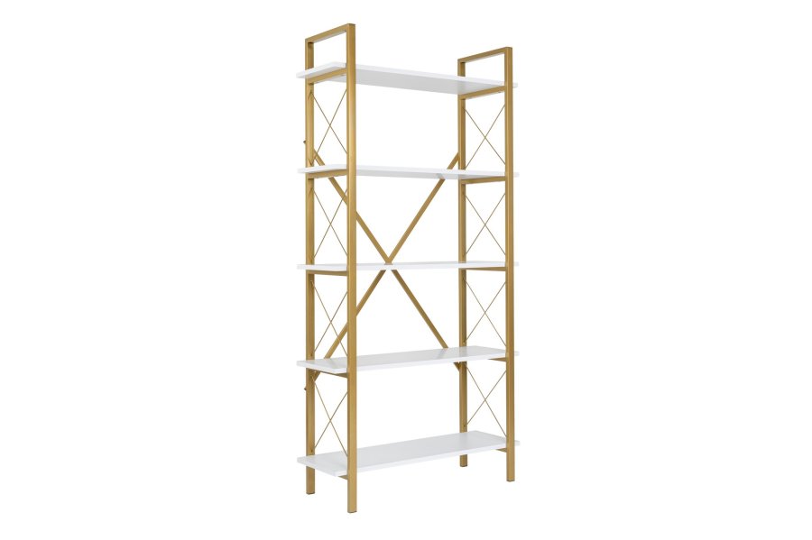 NORDVRK Elysian bokhylle, med 5 hyller - hvit melamin og gullfarget metall