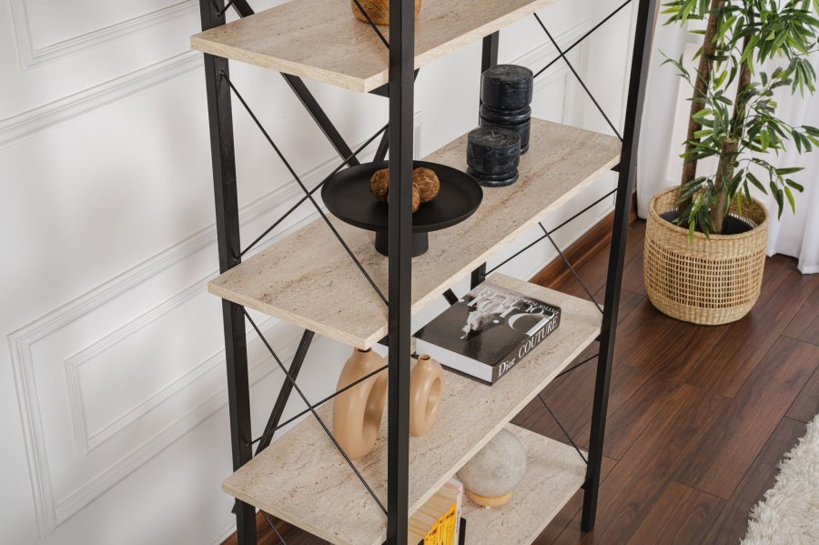 NORDVRK Elysian bokhylle, med 5 hyller - travertin melamin og svart metall