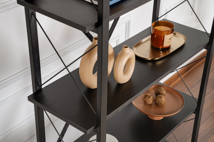 NORDVRK Elysian bokhylle, med 5 hyller - svart tre melamin og svart metall