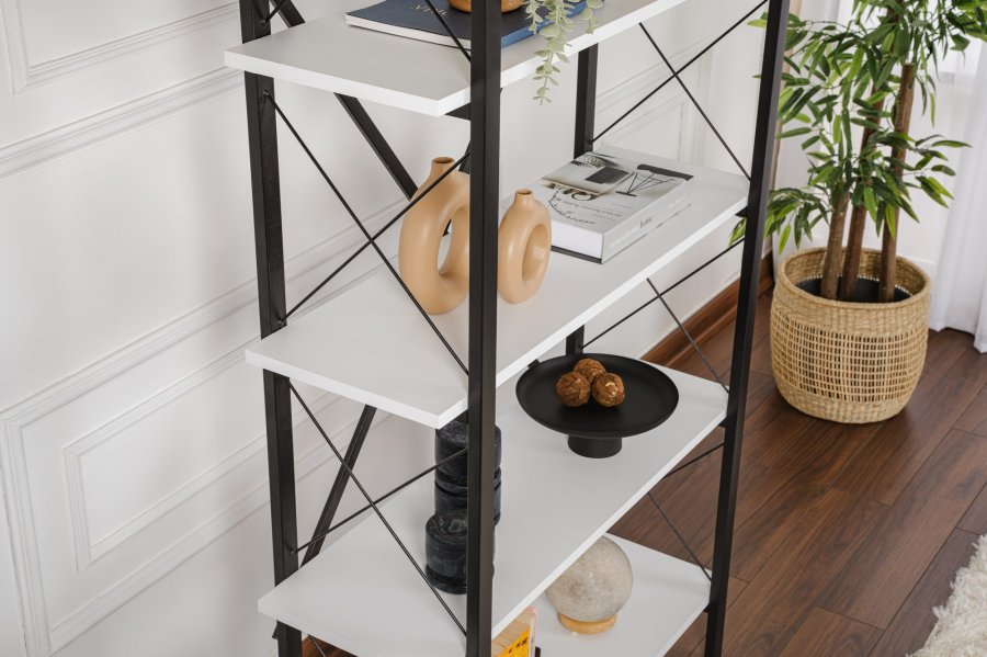 NORDVRK Elysian bokhylle, med 5 hyller - hvit melamin og svart metall