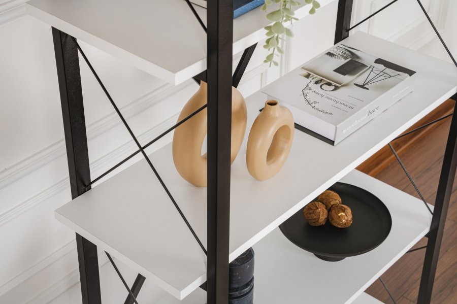 NORDVRK Elysian bokhylle, med 5 hyller - hvit melamin og svart metall