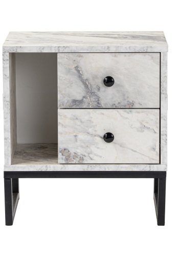 NORDVRK Glimmer nattbord, m. 1 rom og 2 skuffer - Fressia marmor melamin og svart metall (45,2x29,5)