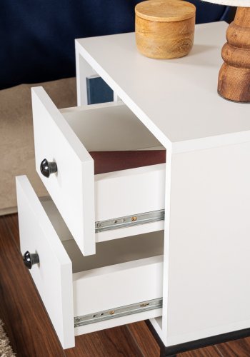 NORDVRK Glimmer nattbord, m. 1 rom og 2 skuffer - hvit melamin og svart metall (45,2x29,5)