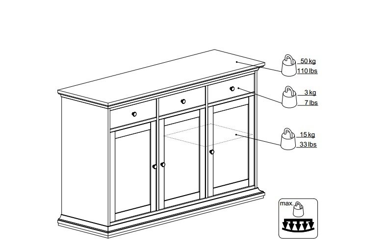 
TVILUM paris skænk - hvidt træ, 3 skuffer og låger
