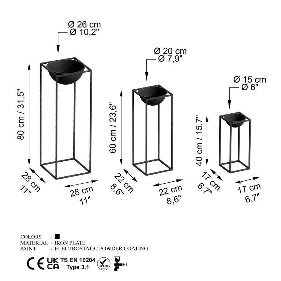 NORDVÄRK GED-019 blomsterstativ - svart metall (sett med 3)