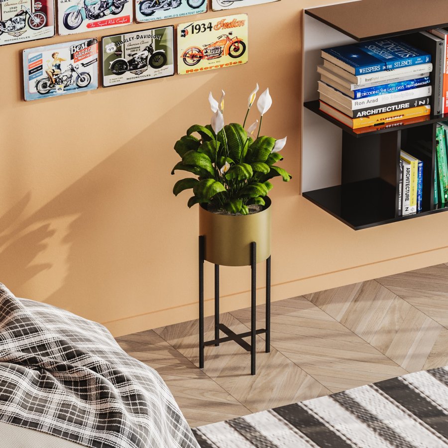 NORDVÄRK GED-026-Blomsterstativ - gull og svart metall (H:48)