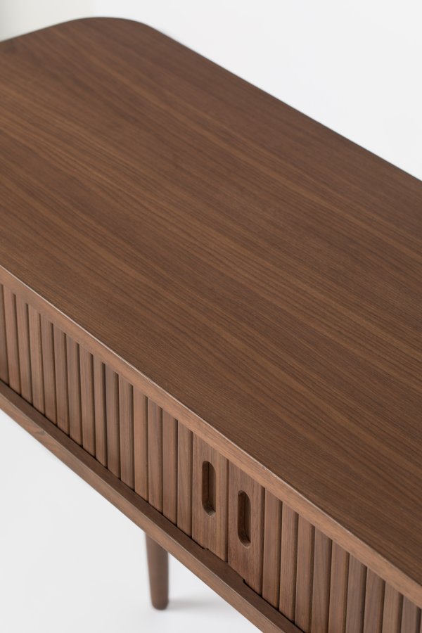 ZUIVER Barbier konsollbord, m. 2 skyvedrer - brun valnttfiner og gummitre (120x35)