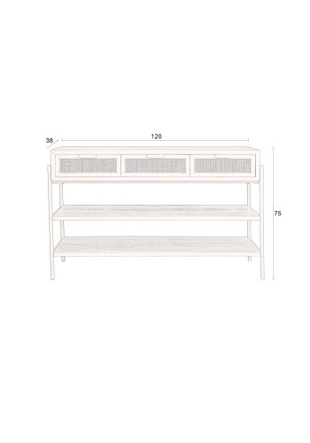 DUTCHBONE Yasu konsollbord, m. 2 hyller og 3 skuffer - naturlig rotting og svart tre/jern (120x38)