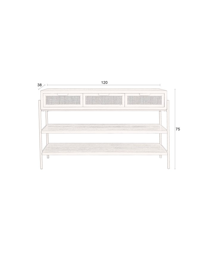 DUTCHBONE Yasu konsollbord, m. 2 hyller og 3 skuffer - naturlig rotting og svart tre/jern (120x38)
