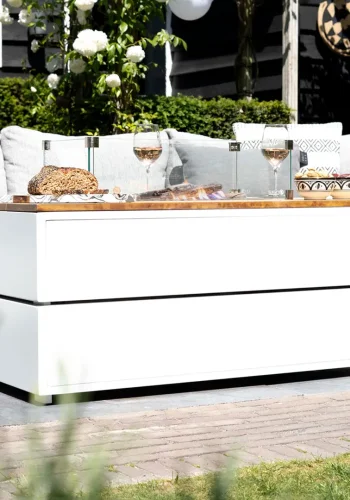 COSI FIRES Cosipure 120 Feuertisch, rechteckig – natürliches Teakholz und schwarzes Aluminium (120x80)