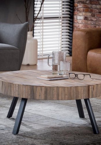 FURBO salongbord - naturlig/svart teak/metall, rundt (:90cm)