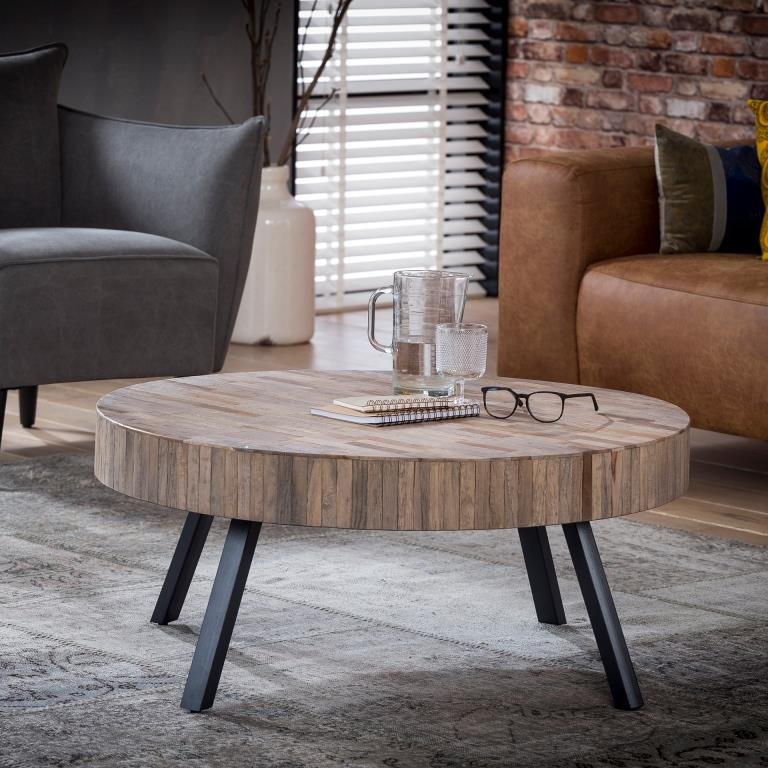 FURBO salongbord - naturlig/svart teak/metall, rundt (:90cm)