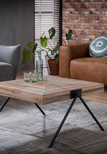 FURBO salongbord - teak-look og metallben, firkantet (80x80)