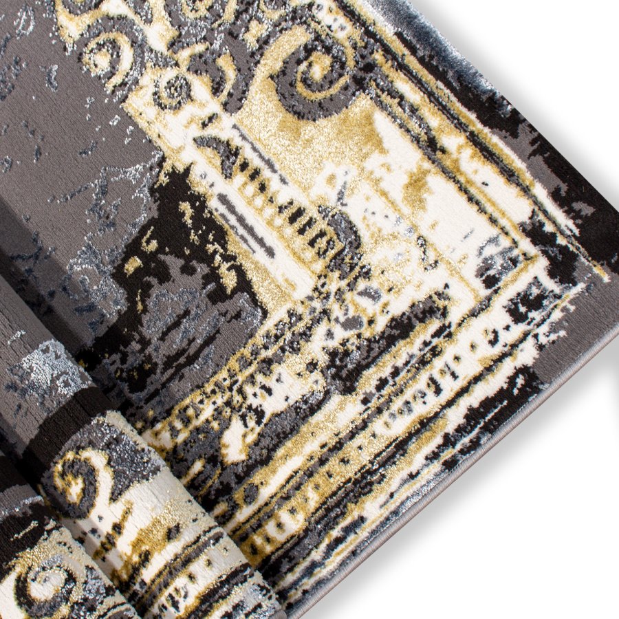 TEPPI HE628 gulvtppe, rektangulr - gr og guld polyester (200x290)