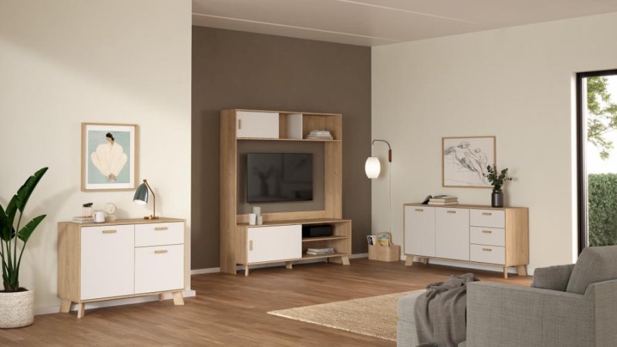 TVILUM Ikast Sideboard 2 Türen + 3 Schubladen, Jackson Hickory/Weiß, 147,2 x 39,1 x 73 cm