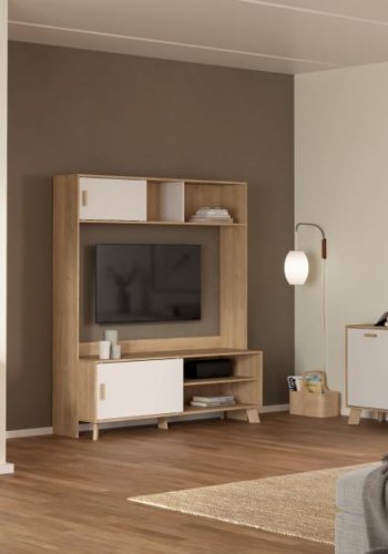 TVILUM Ikast TV-Wand mit 2 Schiebetüren, Jackson Hickory/Weiß, 158,7 x 48,35 x 180,9 cm