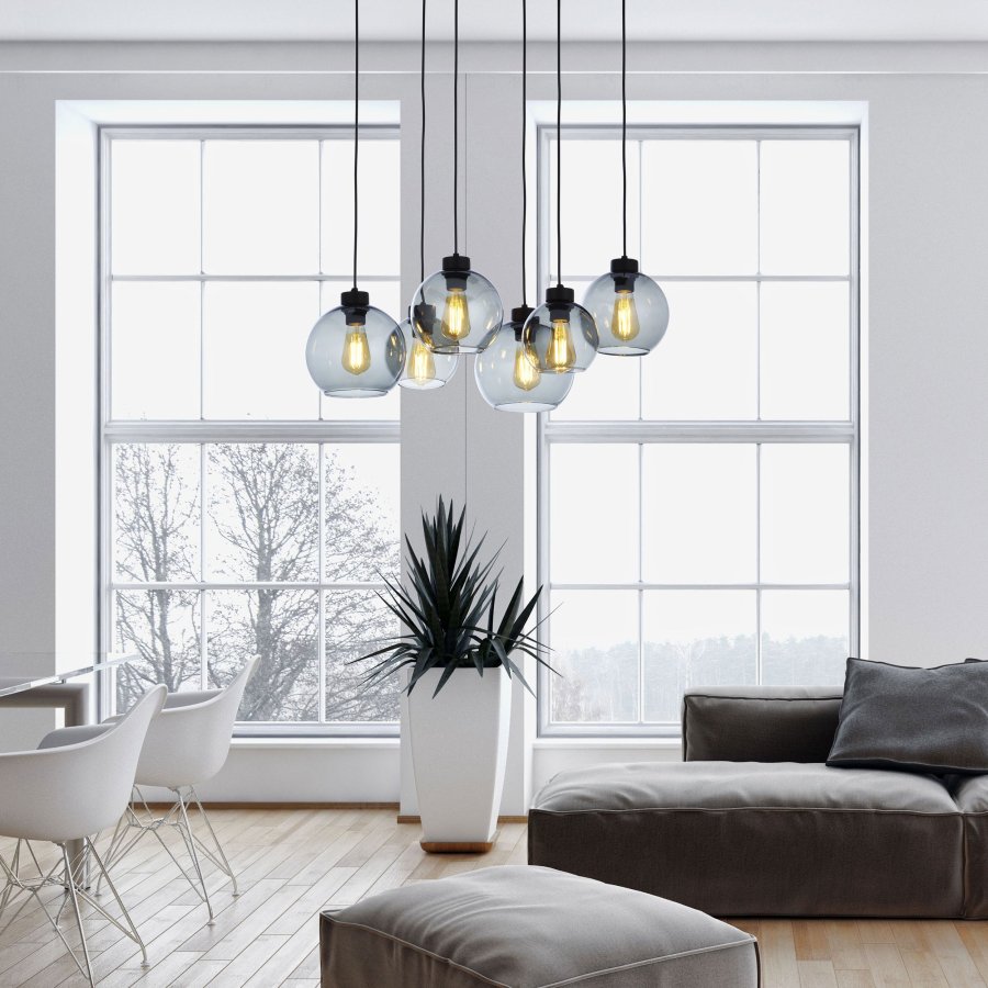 TK Cubus loftlampe, m. 6 skjermer - grafittglass og sort metall