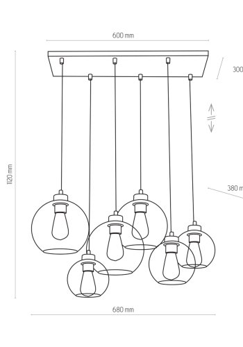 TK Cubus loftlampe, m. 6 skjermer - grafittglass og sort metall