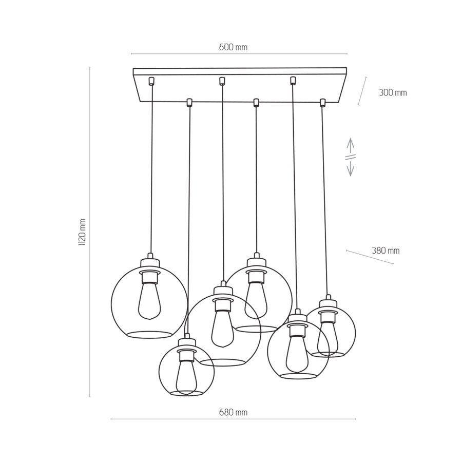 TK Cubus loftlampe, m. 6 skjermer - grafittglass og sort metall