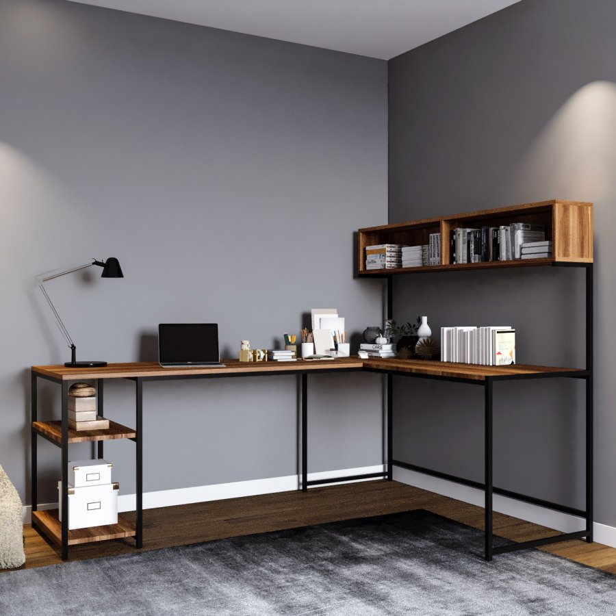 FUNZI LIVING Cans Eckschreibtisch mit Bücherregal und Regalen – walnussfarbenes Melamin und Metall (200x60)