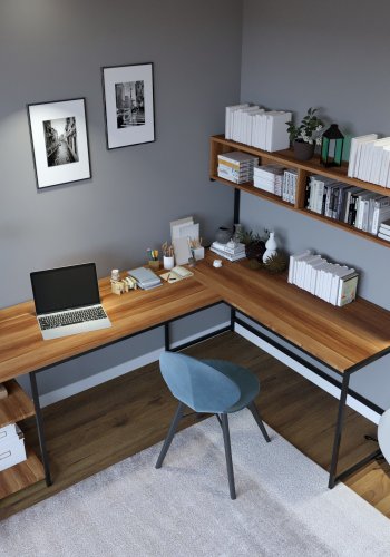 FUNZI LIVING Cans Eckschreibtisch mit Bücherregal und Regalen – walnussfarbenes Melamin und Metall (200x60)