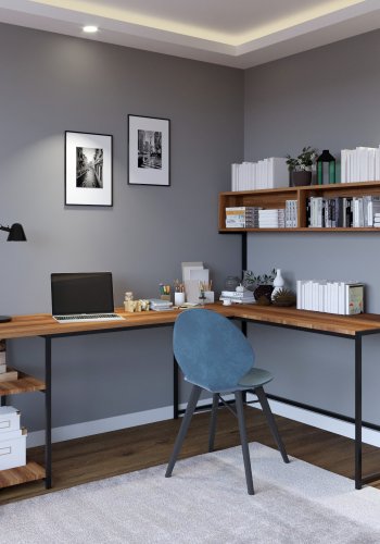 FUNZI LIVING Cans Eckschreibtisch mit Bücherregal und Regalen – walnussfarbenes Melamin und Metall (200x60)