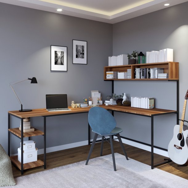 FUNZI LIVING Cans hjrneskrivebord, m. bogreol og hylder (200x60)