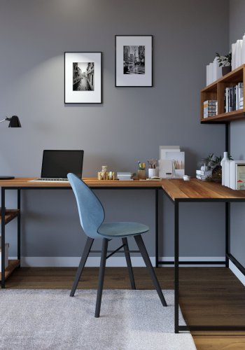 FUNZI LIVING Cans Eckschreibtisch mit Bücherregal und Regalen – walnussfarbenes Melamin und Metall (200x60)