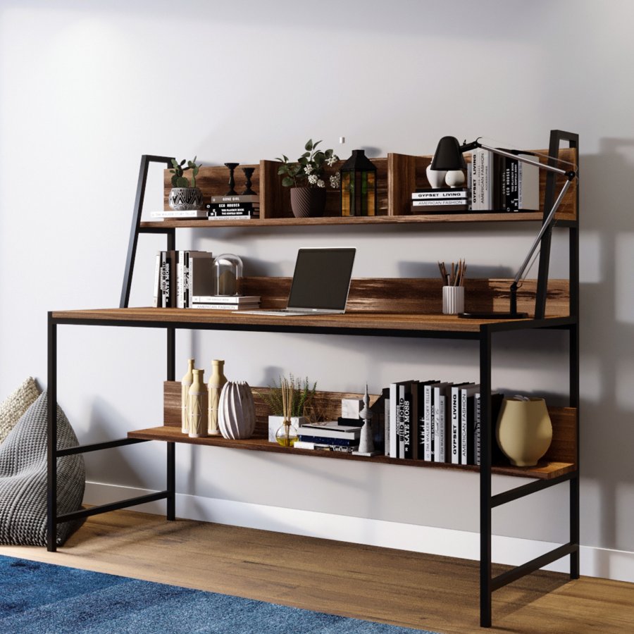 NORDVRK Ceren skrivebord, med 2 hyller, rektangulrt - brun melamin og metall (140x60)