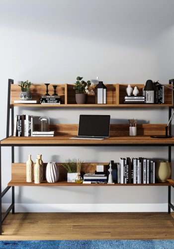 NORDVRK Ceren skrivebord, med 2 hyller, rektangulrt - brun melamin og metall (140x60)