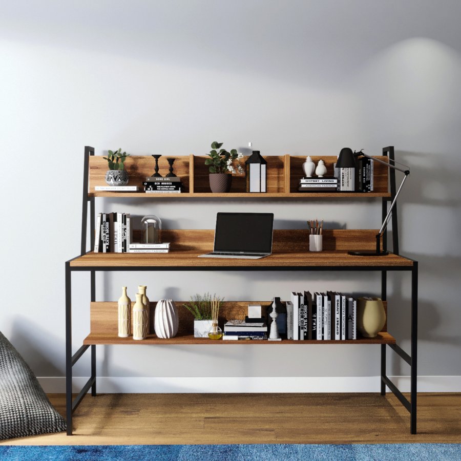 NORDVRK Ceren skrivebord, med 2 hyller, rektangulrt - brun melamin og metall (140x60)