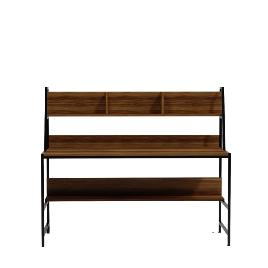 NORDVRK Ceren skrivebord, med 2 hyller, rektangulrt - brun melamin og metall (140x60)