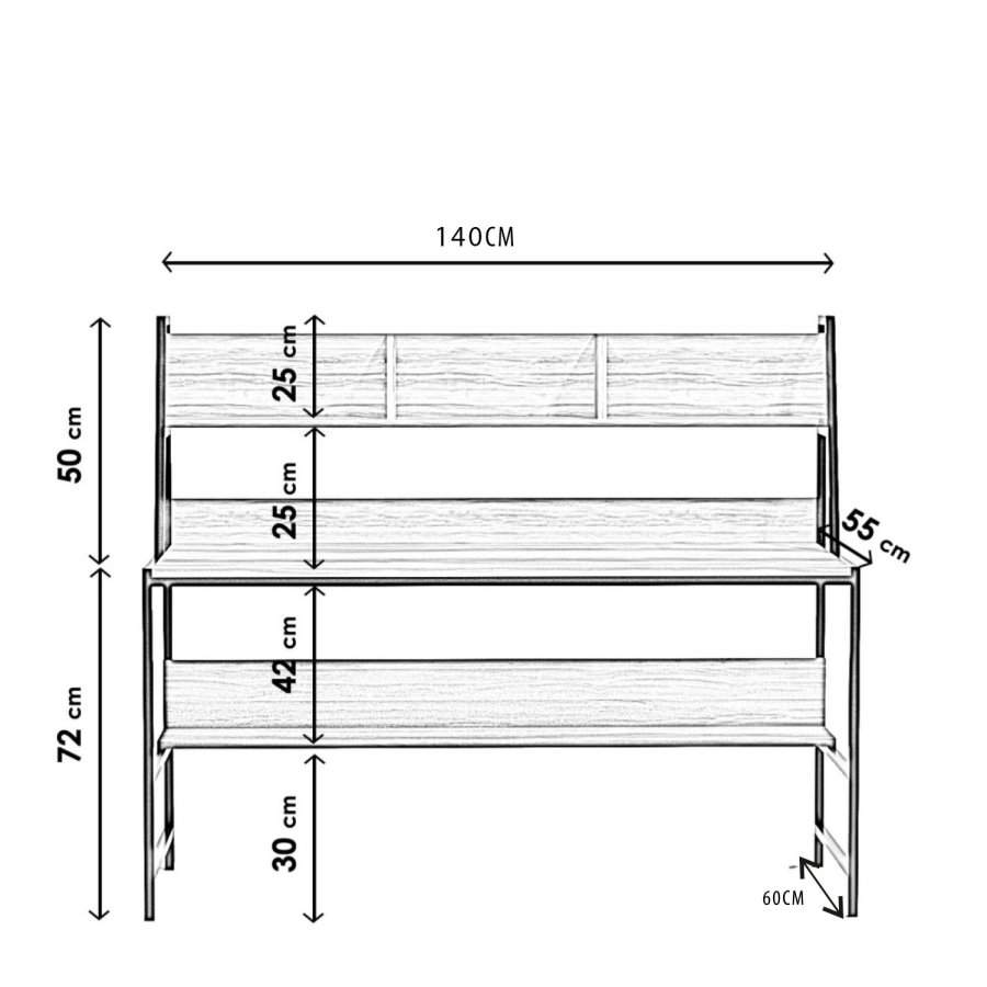NORDVRK Ceren skrivebord, med 2 hyller, rektangulrt - brun melamin og metall (140x60)