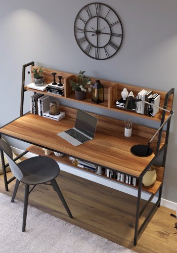 NORDVRK Ceren skrivebord, med 2 hyller, rektangulrt - brun melamin og metall (140x60)