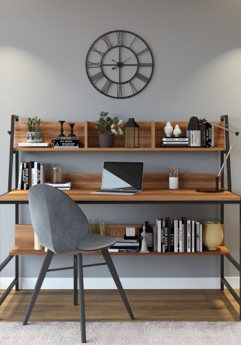 NORDVRK Ceren skrivebord, med 2 hyller, rektangulrt - brun melamin og metall (140x60)