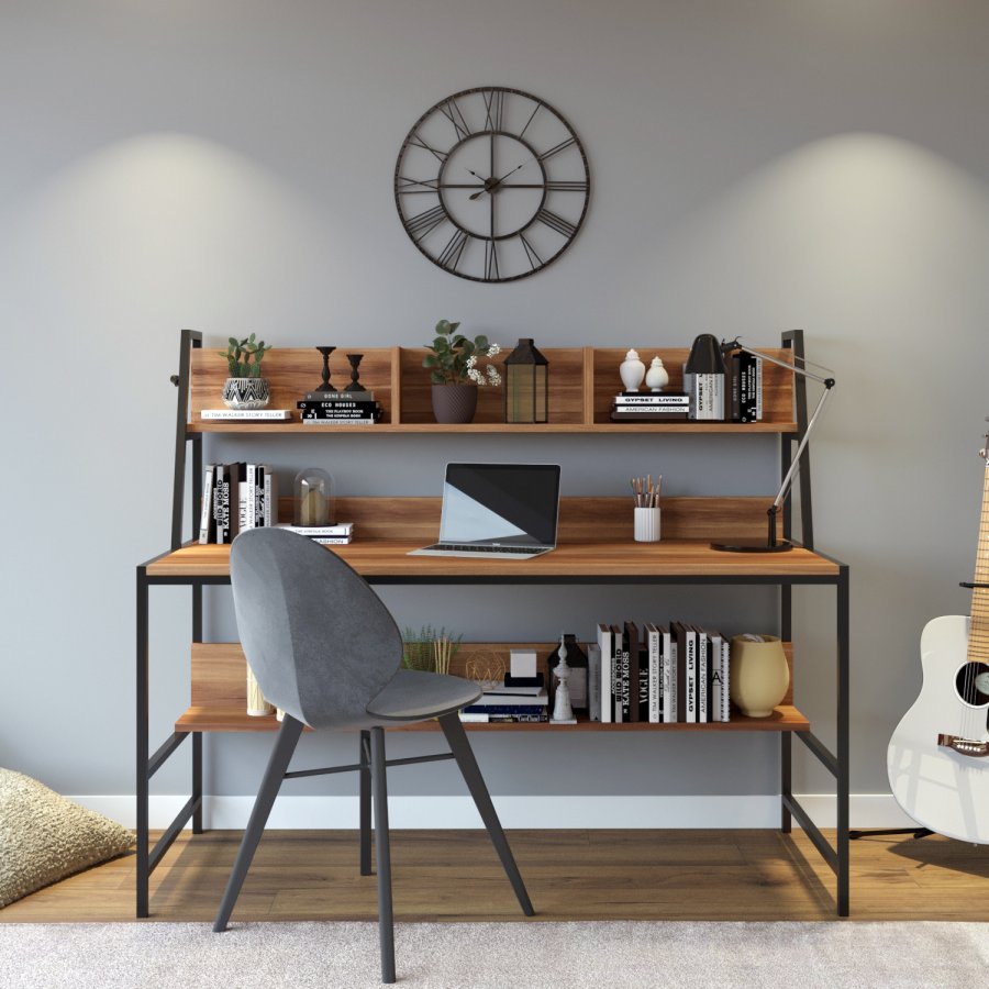 NORDVRK Ceren skrivebord, med 2 hyller, rektangulrt - brun melamin og metall (140x60)