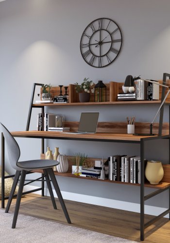 NORDVRK Ceren skrivebord, med 2 hyller, rektangulrt - brun melamin og metall (140x60)