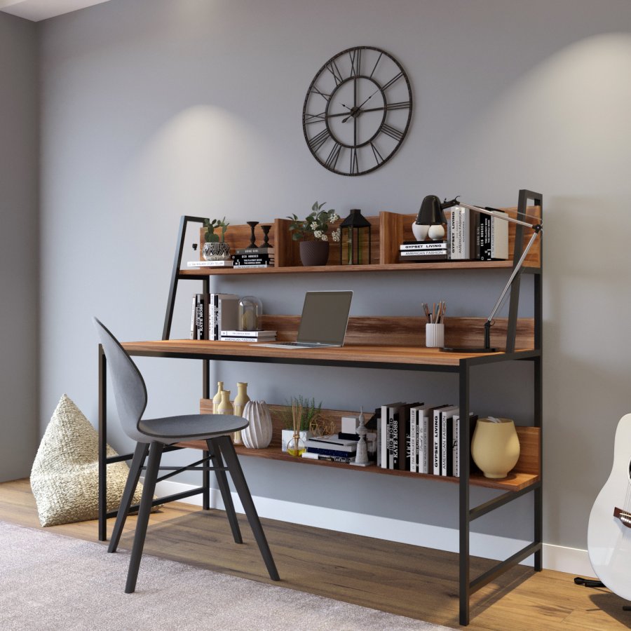 NORDVRK Ceren skrivebord, med 2 hyller, rektangulrt - brun melamin og metall (140x60)