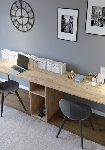 NORDVRK Kili skrivebord, 2 rom, rektangulrt - eikefarget melamin og metall (240x60)