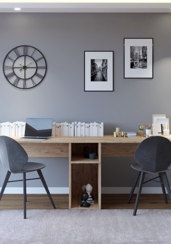 NORDVRK Kili skrivebord, 2 rom, rektangulrt - eikefarget melamin og metall (240x60)